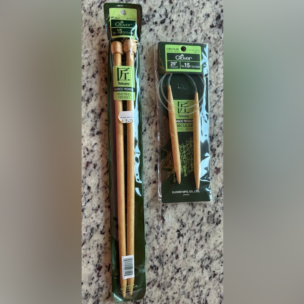 Clover Takumi Bamboo Knitting Needles 14” #15 and Circular 29” #15